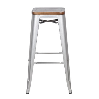 M-94115 Metal Barstool with pine Wood Seat Silver Pearl
